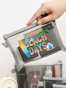 Bolsa de maquillaje de malla de moda, bolsa de malla con estampado de "DÍAS DE PLAYA", bolsa de playa de malla, bolsa de cosméticos de malla, bolsa de playa plegable de gran capacidad impermeable y a prueba de arena, bolsa de regalo personalizada, bolsa de maquillaje, bolsa de almacenamiento de viaje, adecuada para bodas, vacaciones y uso diario, es un regalo de cumpleaños personalizado para mujeres, madres, maestras, amigas, damas de honor, regreso a la escuela, regalo de Pascua - Multicolor - Ver 3
