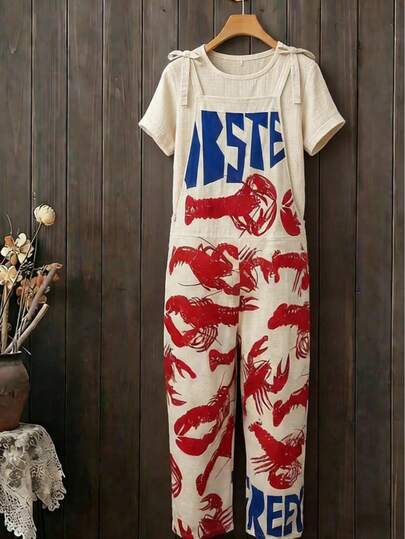 女士春夏度假套装，宽松时尚休闲撞色虾字印花连体裤，方便的口袋设计，抽绳腰带，简约休闲日常穿着，适合约会、派对、乡村音乐节等场合。