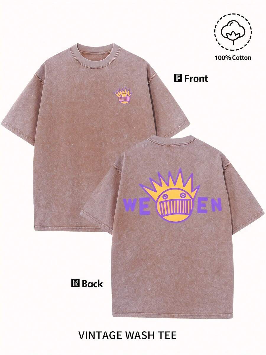 Men's 'WEEN' Pattern Pink Retro Sun Burst Design, Soft Washed Cotton, Round Neck Short Sleeve Summer Casual Streetwear, Machine Washable Unisex Vintage Washed Cotton Short Sleeve T-Shirt,Vintage Washed Tee,Gender Neutral Faded Easter Egg Graphic Crew Neck Tee - 咖啡棕 - 查看 1