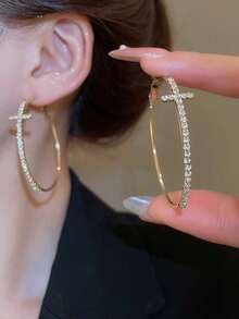 一对十字耳环，适合日常佩戴 - 金黃色 - 查看 4