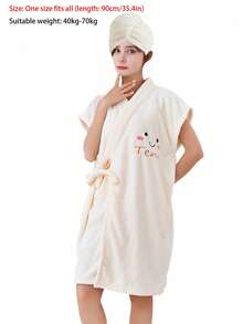 Bộ 2 áo choàng tắm nữ, áo choàng spa thắt eo, áo choàng ngắn tay thêu hoạt hình bằng vải lông san hô, trang trí nhà cửa và phòng tắm, mùa hè, mùa tựu trường. - Nhiều màu - Xem 11