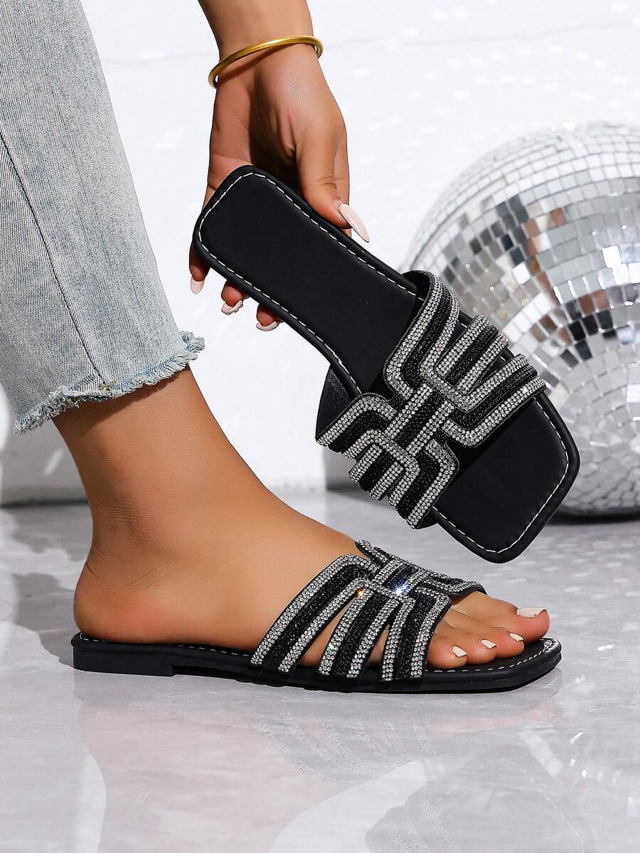 方头水钻装饰女士平底拖鞋，时尚休闲沙滩凉鞋，夏季必备 - 黑色 - 查看 1