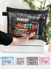 MAESTRA Letter Pattern Mesh Bag, Letter Lettering Floral Print Zipper Women'S Cosmetics Bag,Transparent Mesh Storage Bag Wash Bag, Gifts For Her,Suitable For Women'S Cosmetics Storage, University Dormitory Cosmetics Storage - مشاهدة 3