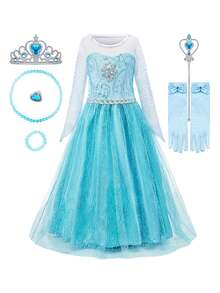 Set de 8 accesorii pentru rochie cu mânecă lungă și imprimeu floral albastru pentru fete, costum pentru copii de Halloween, Crăciun, petrecere, spectacol pe scenă - Albastru cer - Vizualizare 1