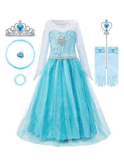 8pcs/Set Girls' Long Sleeve Blue Floral Mesh Dress Accessories Set, Children's Costume For Halloween, Christmas, Party, Stage Performance