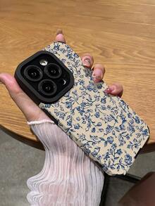 花朵图案 1 件装 复古蓝色花卉竖款仿皮软保护手机壳 兼容苹果 15/15 Plus/15 Pro/15 Pro Max - 彩色 - 查看 5