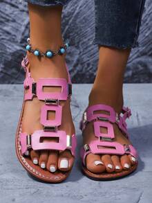 Women's Rivet Hollow-Out Comfortable Flat Sandals, Gladiator Sandals, Summer, Solid Color Bohemian PU Leather Rivet Buckle Flat Sandals For Beach - Pink - View 8