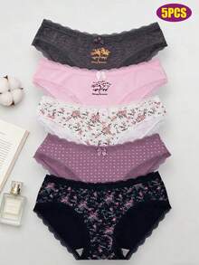 5-Piece Women's Sexy Lace Border Flower, Polka Dot Printed Triangle Pants Set, Low Waist High Elastic Soft And Comfortable Pure Cotton Seamless Underwear Set, Bow Decoration Design, Youthful Vitality, Suitable For All Seasons, Home, Commuting And Dating Wear - 混搭5條裝 - 查看 2