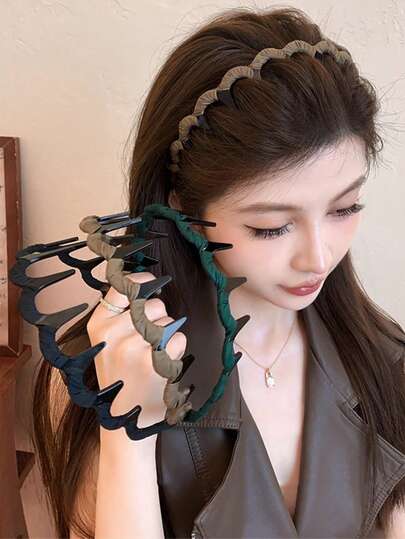 2/1 女士高冠波浪发带，女士纯色手工编织发带，防滑发夹，发箍，发绳，锯齿发带，适合女性，女士发饰，可用于洗脸、外出、旅行、瑜伽、运动等场合，返校必备，优雅气质弹力带，舒适不伤发质和头皮，防滑发带，新款法式简约复古发饰，黑色/卡其色