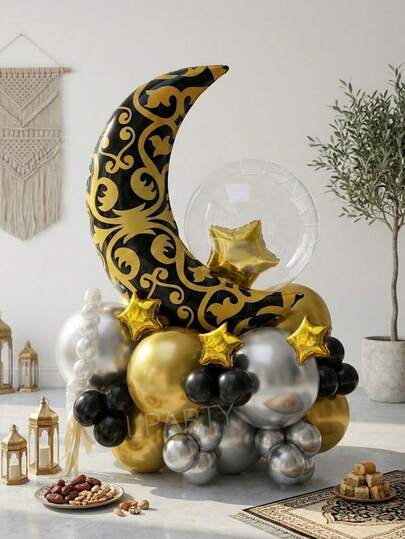 37pcs/Set Eid Al-Adha Decorative Balloons, Black & Gold Crescent Moon Foil Balloons, 18" Clear Bubble Balloons, 10" & 5" Gold Star Balloons, 10" Silver/Black/Gold Latex Balloons, Perfect For Eid Al-Fitr, Family Gatherings, Parties And Celebrations
