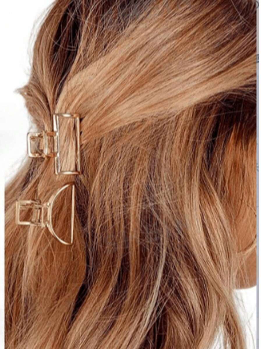 2pcs Women's Small Gold Rectangular Semi-Circle Metal Hair Claw Clips - Gold - View 1