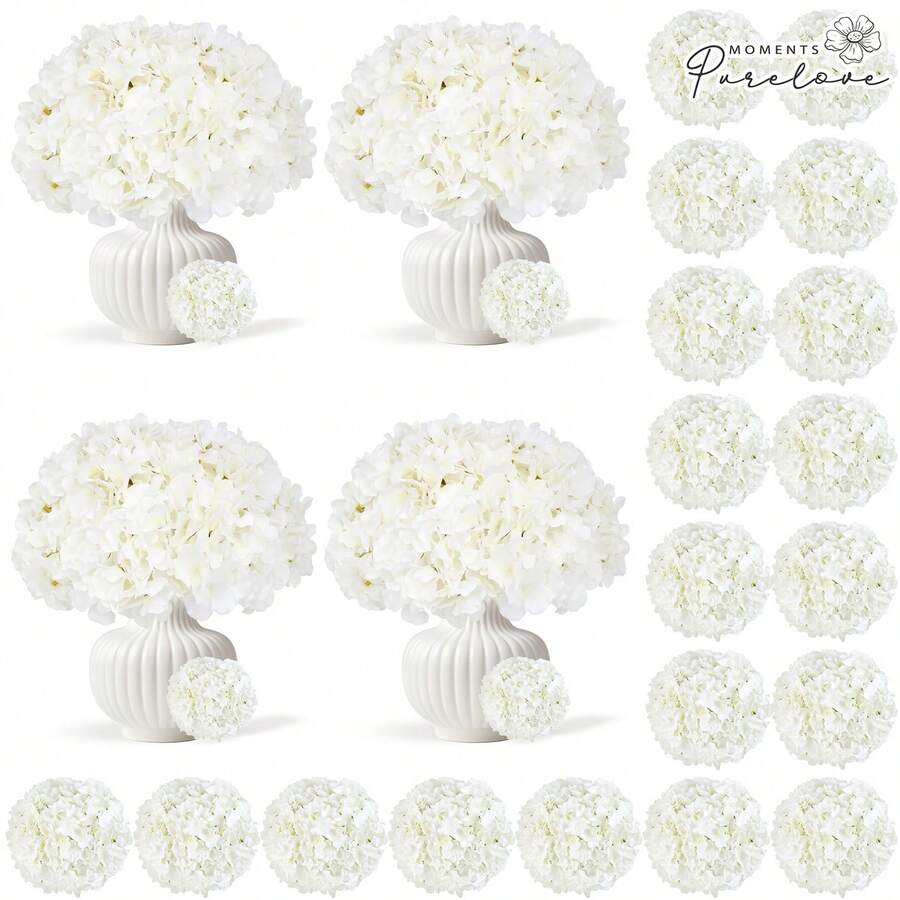 24/48/60pcs White Artificial Hydrangea Flowers With Stems, Silk Faux Hydrangea Heads For DIY Crafts & Home Table Decor - White - View 1