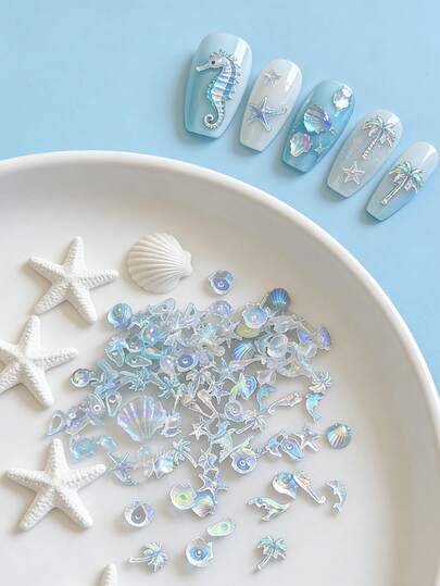 50件海洋系列美甲装饰套装，50件白色/蓝色/极光海洋主题3D海星美甲水钻美甲用品，贝壳海星海豚鱼尾美甲宝石，女士DIY美甲用品