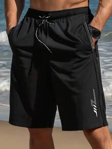 1pc Plus Size Men's Summer Quick-Dry Breathable Comfortable 4-Way Stretch Exercise Running Fitness Shorts Black - Black - View 5