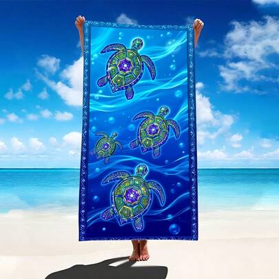 1条海龟波浪图案复古沙滩巾，超柔软超细纤维特大号沙滩毯，超强吸水浴巾，适合旅行、游泳池、潜水、冲浪、瑜伽、露营，多种尺寸可选，沙滩必备单品