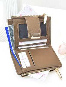 New Women's Snap Closure Short Wallet, Delicate Soft PU Dual-Layer Zipper Coin Purse Card Holder, Minimalist Fashionable Lightweight - Camel - View 4