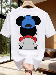 Disney Stylish Hooded Mickey Mouse Print Men's T-Shirt, Comfortable, Soft, And Breathable Pure Cotton. Youthful Short-Sleeved, Loose-Fitting Crew Neck T-Shirt Suitable For All Seasons, Perfect For Everyday Wear, Outings, And Parties. - White - View 3