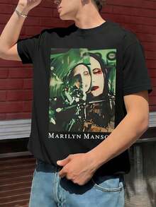Maglietta nera con stampa artistica di Marilyn Manson, tessuto di alta qualità, girocollo, vestibilità comoda, stampa grafica unica - nero - Visualizzare 1