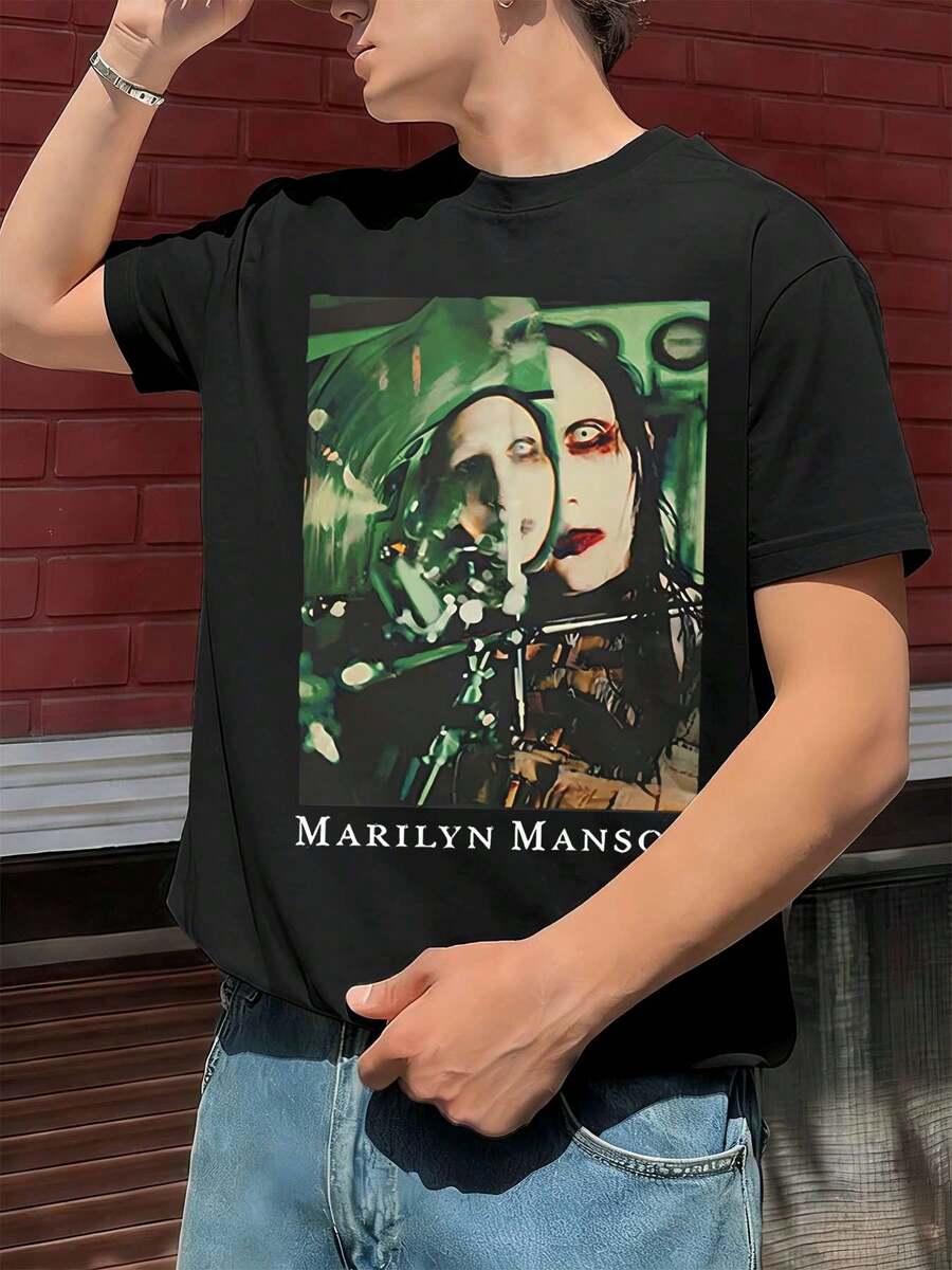 Maglietta nera con stampa artistica di Marilyn Manson, tessuto di alta qualità, girocollo, vestibilità comoda, stampa grafica unica - nero - Visualizzare 1