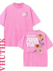 Summer Tops2026VHUTHK Double Sided Printed (230 Pure Cotton T-Shirt) 'JESUS LOVE YOU' Letter And Flower Print, Suitable For Men's Casual, Comfortable, And Fashionable T-Shirts, Street Style Cottonsummer Clothes - 玫紅色 - 查看 1