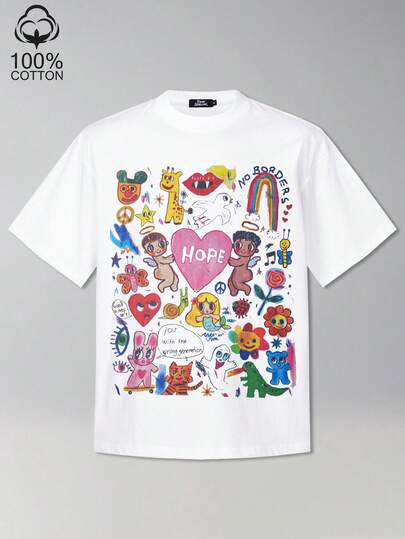 Tiny Spark 男士街头风T恤，饰有艺术涂鸦和彩虹字母印花