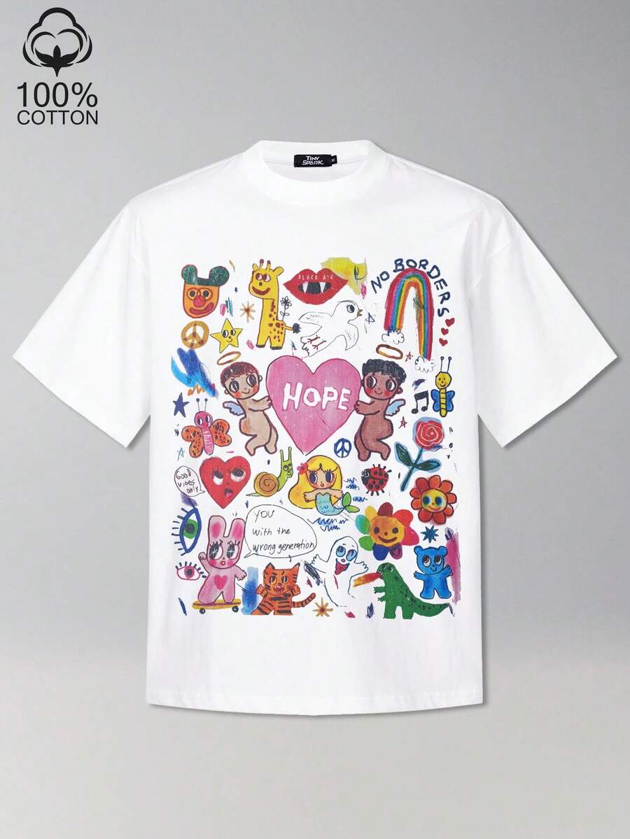 Tiny Spark 男士街头风T恤，饰有艺术涂鸦和彩虹字母印花 - 白色 - 查看 1