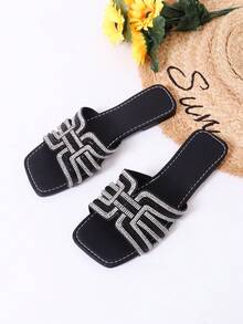 方头水钻装饰女士平底拖鞋，时尚休闲沙滩凉鞋，夏季必备 - 黑色 - 查看 2