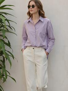 Women's Fashion Long Sleeve Shirt Collar Shirt Front Button Woven Fabric Regular Fit Blouse - Mauve Purple - View 4