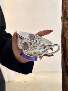 1 Set Chinese Style Purple Gerbera Ceramic Cup & Saucer, Luxury Elegant Coffee Cup, Water Cup, Tea Cup, Birthday Gift, Suitable For Restaurant, Living Room, Cafe, Gift Giving - Violet Purple - View 6