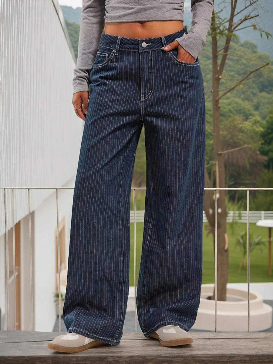 Women's High Waisted Pinstripe Wide Leg Jeans – Vintage Inspired Denim Trousers - Blue - View 1