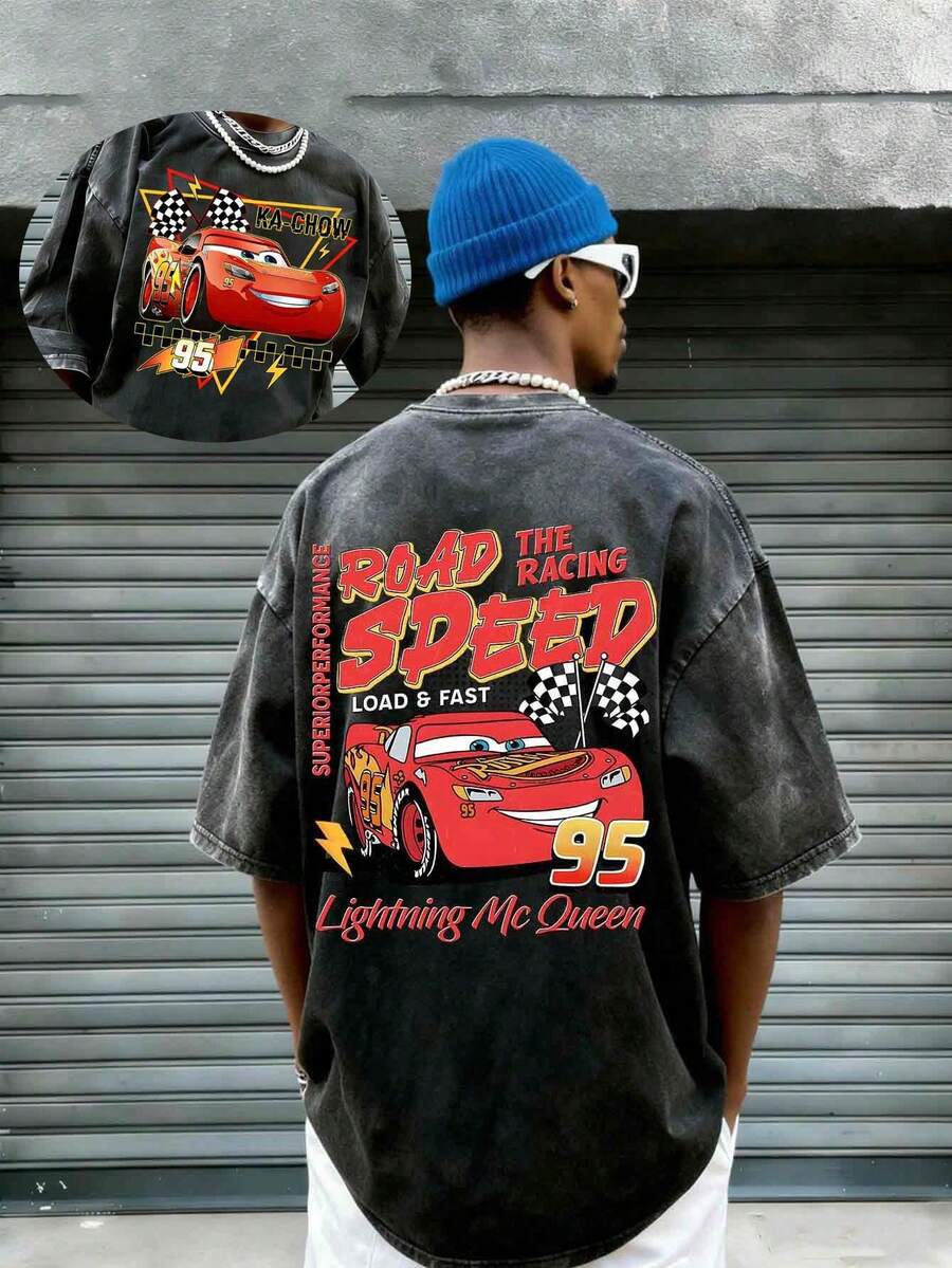 Disney Lightning Mcqueen Printed Summer Heavyweight Retro Washed Street Fashion Casual T-Shirt , Round Neck, Stretchy, Suitable For Daily Wear, Easy Care, Fashionable Casual Men's T-Shirt, Short Sleeve Tee, Breathable And Light, For Sports And Leisure Wear, Suitable For Gifts, For Parties. - màu đen - Xem 1