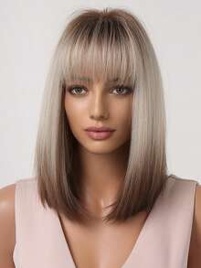 14英寸棕色渐变直发波波头假发，女士款，机织耐热合成假发，带刘海 - 漸層 - 查看 3