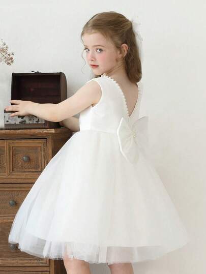Girls' Princess Tulle Dress With Big Bow, Sleeveless Party Gown For Wedding, Banquet