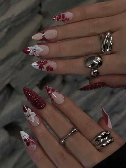 Y2K Cute 3D Resin Floral & Maple Leaf Rhinestone Ballet Style Burgundy & Leopard Print 24pcs Medium-Long Almond Shaped Nail Tips, Suitable For Office Ladies, Daily Wear, Dates, Afternoon Tea, Outings