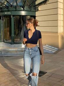 Senya Women's New Slim-Fit Cropped Short Sleeve T-Shirt, Spring/Summer Polo Collar Single-Breasted Half-Placket Knit High-Waist Slimming Cropped Crop Top, Sexy Slim-Fit Casual, Suitable For Daily Commute, Date, Afternoon Tea, Party, Airport, Sexy Girl Style Short Sleeve Knit Pullover - Royal Blue - View 1