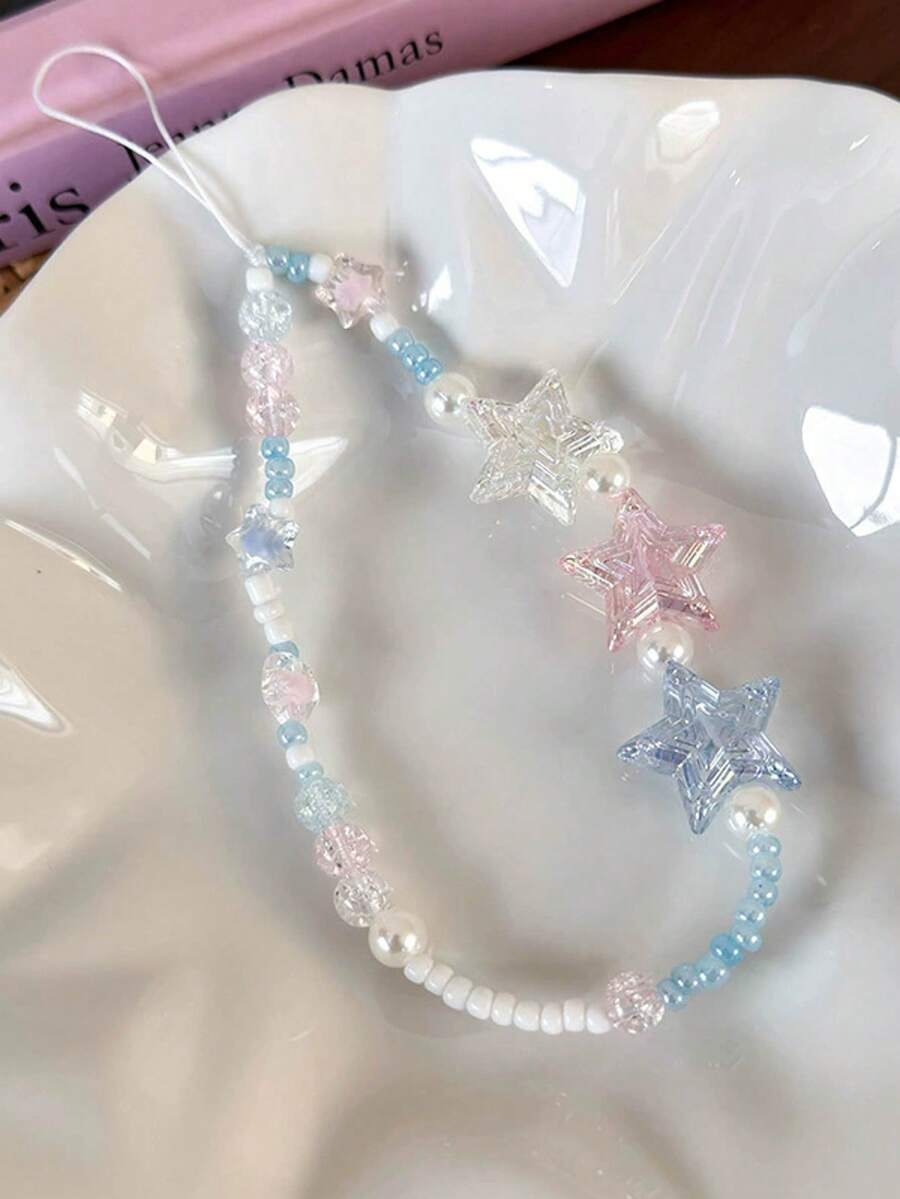 Minimalist Blue Pearl Elements Beaded 1pc Tri-Color Crystal Pentagram & Blue Sea Salt Blue Star Phone Lanyard Fresh Phone Charm Strap Spring Birthday Gift - Multicolor - View 1