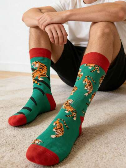 1 Pair Unisex Tiger Print Socks, Fashionable And Versatile For All Seasons