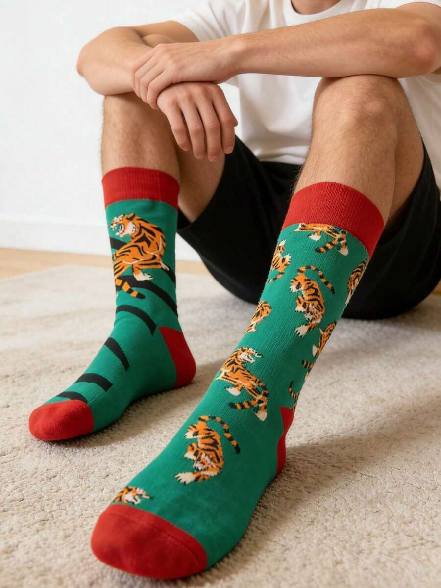 1 Pair Unisex Tiger Print Socks, Fashionable And Versatile For All Seasons - Multicolor - View 1