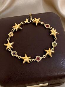 1Pc 18K Gold Plated Stainless Steel Luxury Vintage Multi-Gem Dreamy Star Bracelet For Women, Elegant Mom Gift Christmas Carnival Winter Jewelry Wedding Rave/Prom/Party/Daily Accessories Gift For Anniversary Valentine's Day Boho Jewelry Birthday Bridesmaid Gifts - Multicolor - View 7