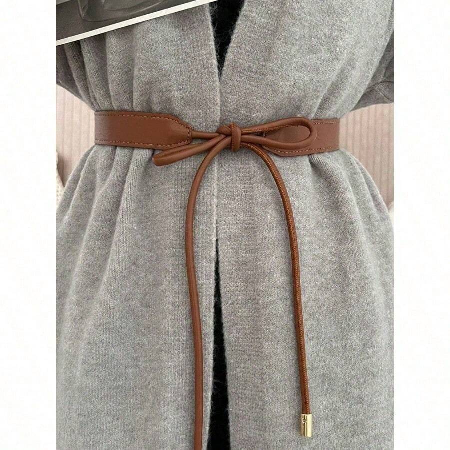 1pc Elegant Women's Fashionable Solid Color Casual Bowknot Tie PU Leather Belt, Simple & Versatile Design, Perfect For Pairing With Dresses, Sweaters And Coats For Stylish Decoration, Highlighting The Graceful Figure Of Women, All Season Summer, School Fall, Autumn, Halloween - 棕色 - 查看 1