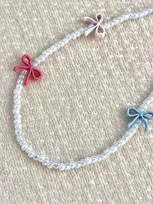 1 Piece Cute Cartoon Alloy Bow Pearl Mobile Phone Lanyard, Ins Style Simple Korean Style Mobile Phone Ornament Bag Pendant Car Keychain - Multicolor - View 3