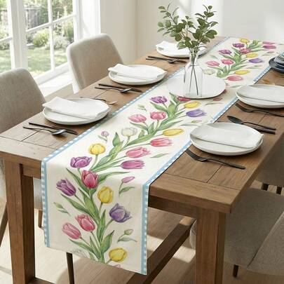 1pc Tulip Print Table Runner, Suitable For Holidays, Parties, Birthdays, Dinners, Restaurant Table Decor, All Seasons, Home Decoration
