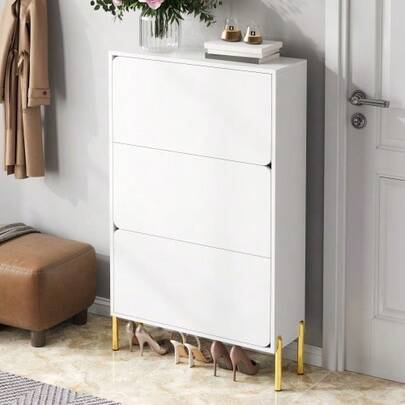 Modern Minimalist Schuhschrank, Drei Türen, Großes Fassungsvermögen, Goldene Schrankfüße, Stilvoll Und Praktisch, Geeignet Für Den Eingangsbereich Oder Das Foyer.