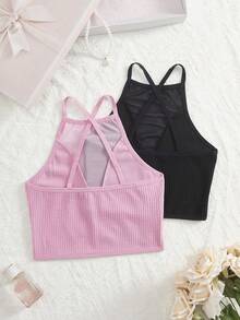 2pcs Contrast Color Mesh Cropped Backless Top, Sexy Sheer Criss-Cross Backless Deep V Spring/Summer Knit Camisole - Multicolor - View 2