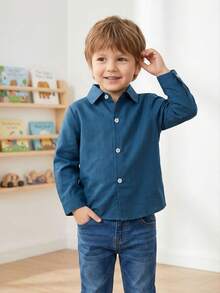 Young Boy Navy Blue Long Sleeve Button-Front Collared Shirt, Versatile For Daily School Wear And Holiday - Navy Blue - View 2