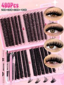 480片假睫毛套装 - 混合长度9-14mm，包含10D+20D+30D+40D+50D+60D+80D+100D睫毛簇，适用于猫眼妆、角色扮演妆、俄式浓密妆、自然妆、夏季妆和舞台妆。套装包含睫毛胶、睫毛刷和镊子。便携式设计，适合居家和旅行使用。0.07mm厚度，D型卷翘，蓬松效果，新手也能轻松上手。 - 彩色 - 查看 5