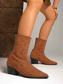 Botas hasta la rodilla sin cordones para mujer - Cierre sin cordones, plantilla acolchada y suela TPR antideslizante - Botas formales y de uso diario para todas las estaciones en negro/rojo/azul/naranja - Plataforma de tacón medio, parte superior de tela fácil de limpiar - Calzado casual a profesional para mujer - Marrón - Ver 5