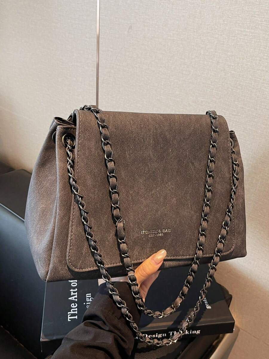 1 pezzo Nuova borsa a tracolla incrociata con catena intrecciata da donna per autunno/inverno, adatta per ufficio, pendolarismo, shopping, vacanze, viaggi, uso quotidiano - nero - Visualizzare 1