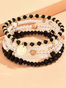10pcs Bohemian Beaded Disc Pendant Bracelets Set, Suitable For Stacking, Great For Summer Beach, Casual Wear, Gifts For Family, Neighbors, Friends, Birthday, Holiday, Vacation - Black and White - View 5
