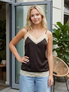 Women's Summer Slim Satin Camisole Lace Patchwork Spaghetti Strap V-Neck Tank Tops Streetwear - 褐色 - 查看 4